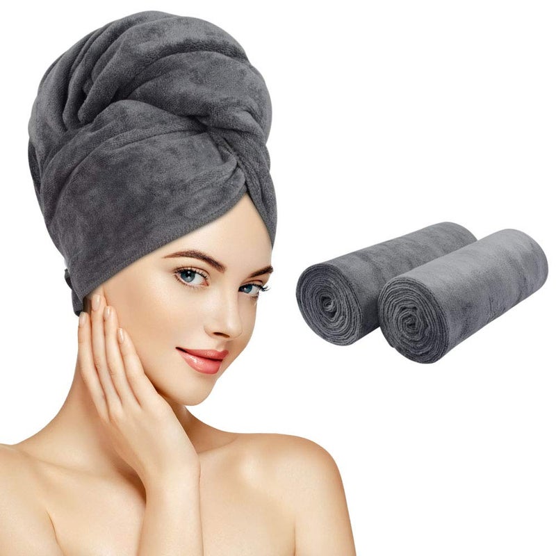 SUNLAND Microfiber Hair Towels Anti Frizz Hair Drying Towel Super Absorbent Fast Drying Turbans for Wet Curly Hair Soft Hair Towel Wrap with Elastic Band for All Hair Types 40 X 20 inches 2Pack Grey - Image 1